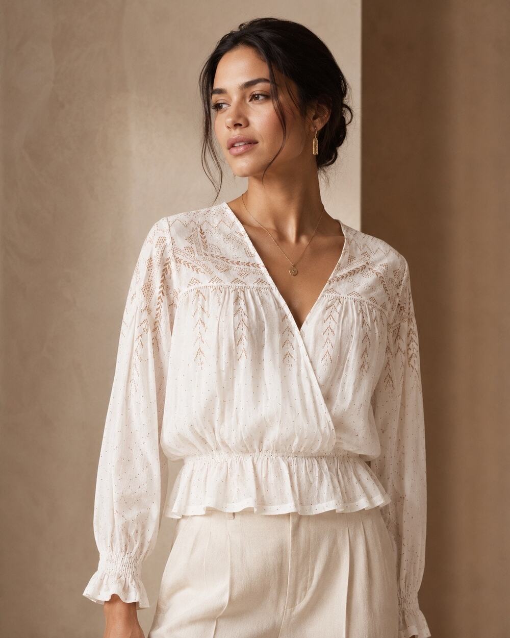 FREE PEOPLE Womens XS 100% Cotton V Neck Peplum Glitter Peasant Poet Blouse